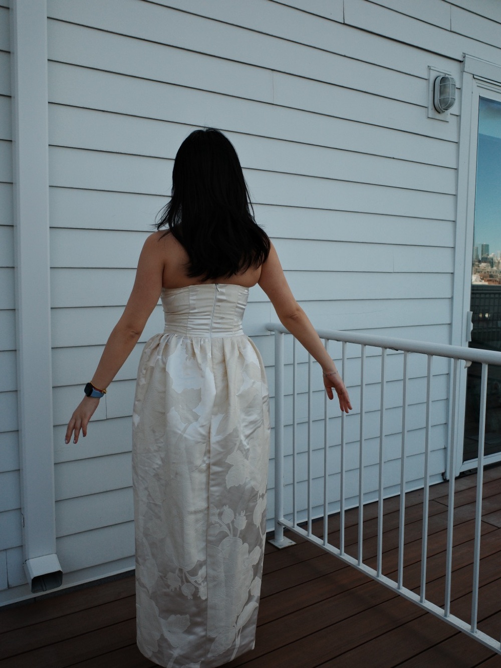 Strapless Floral Jacquard Midi Dress in Ivory - Picture 8 of 9